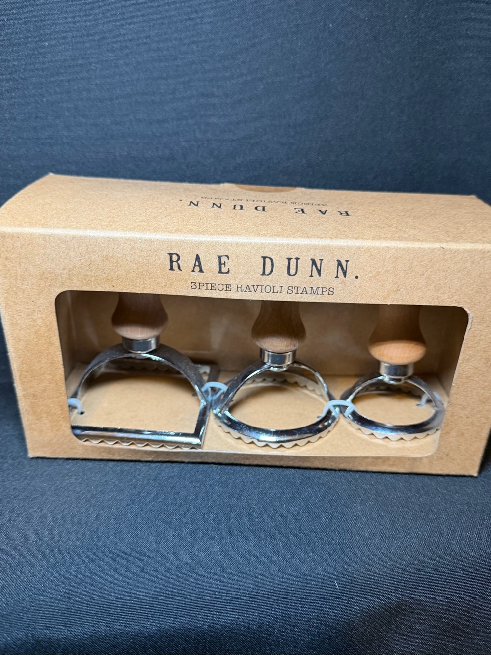 Rae Dunn Ravioli Stamp Set 3 Piece Wood Handle Metal Cutters Silver/Brown
